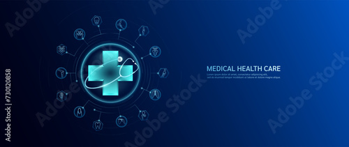 Stethoscope surround sign cross with human bone joint icons. On dark blue background. Health care concept. Banner for medical advertising. Vector EPS10 illustration. photo