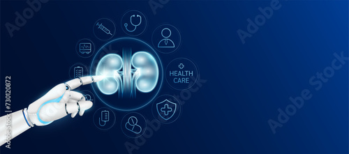 Doctor robot cyborg finger touching kidney with medical icons. Human organ virtual interface. Innovative technology in health care futuristic. Ads banner empty space for text. Vector.
