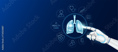 Innovative technology in health care futuristic. Doctor robot cyborg finger touching lung with medical icons. Human organ virtual interface. Ads banner empty space for text. Vector.
