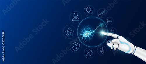Innovative technology in health care futuristic. Doctor robot cyborg finger touching nerve cell with medical icons. Human organ virtual interface. Ads banner empty space for text. Vector. © Adisak