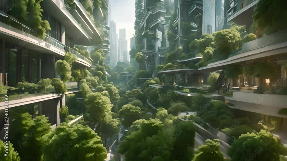 A cityscape with towering skyscrapers and lush greenery, featuring ...