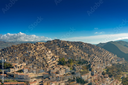drone perspective of the landmark hilltop town of Gangi in central Sicily