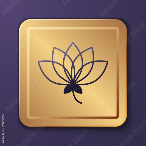 Purple Lotus flower icon isolated on purple background. Gold square button. Vector