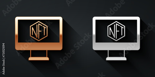 Gold and silver Monitor with art store app icon isolated on black background. Technology of selling NFT tokens for cryptocurrency. Non fungible token concept. Long shadow style. Vector