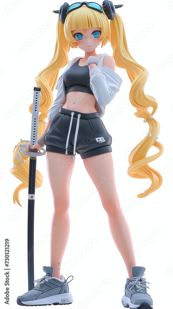 Fototapeta premium Beautiful blonde with blue eyes stands with a katana in her hands