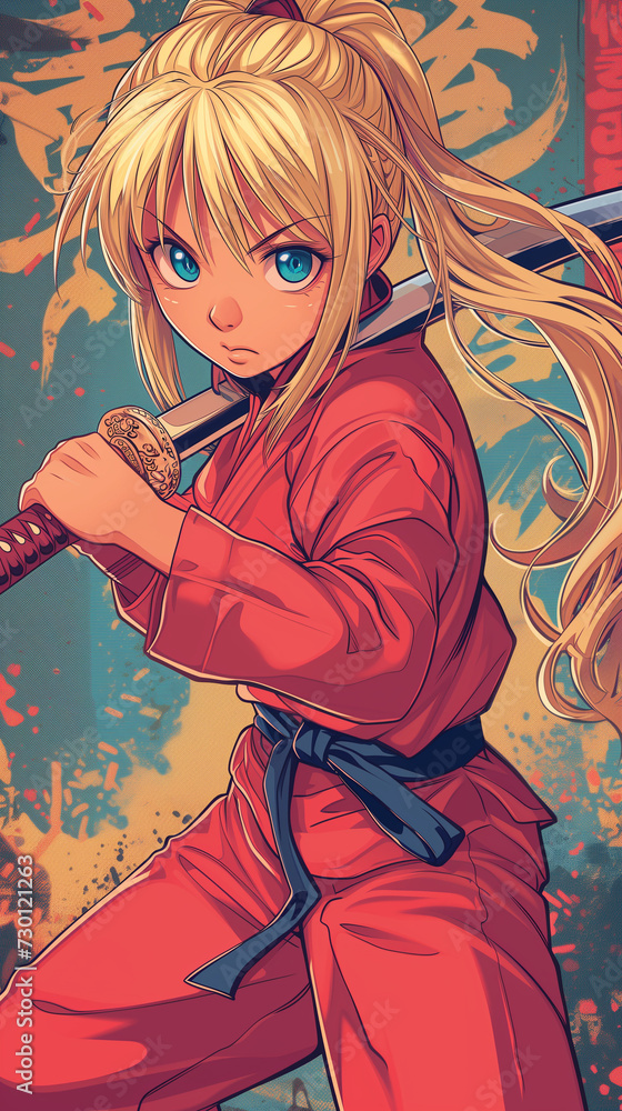 Beautiful blonde with blue eyes stands with a katana in her hands