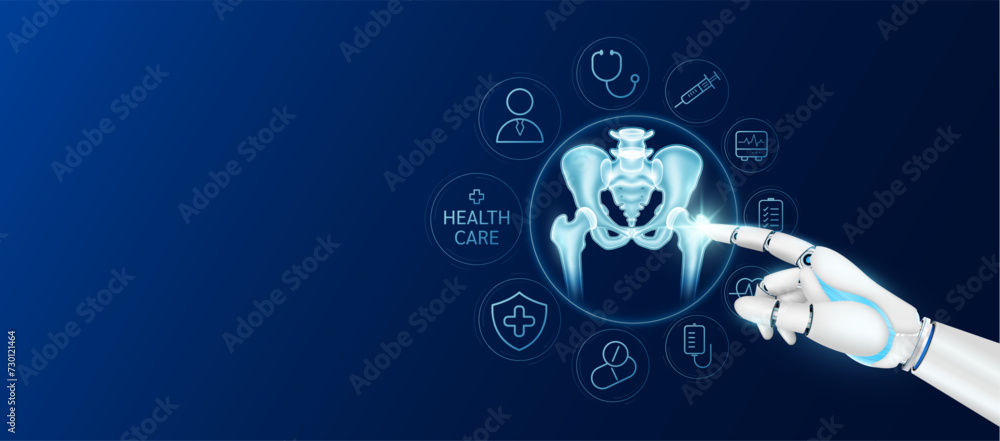 Fototapeta premium Innovative technology in health care futuristic. Doctor robot cyborg finger touching pelvis bone with medical icons. Human organ virtual interface. Ads banner empty space for text. Vector.