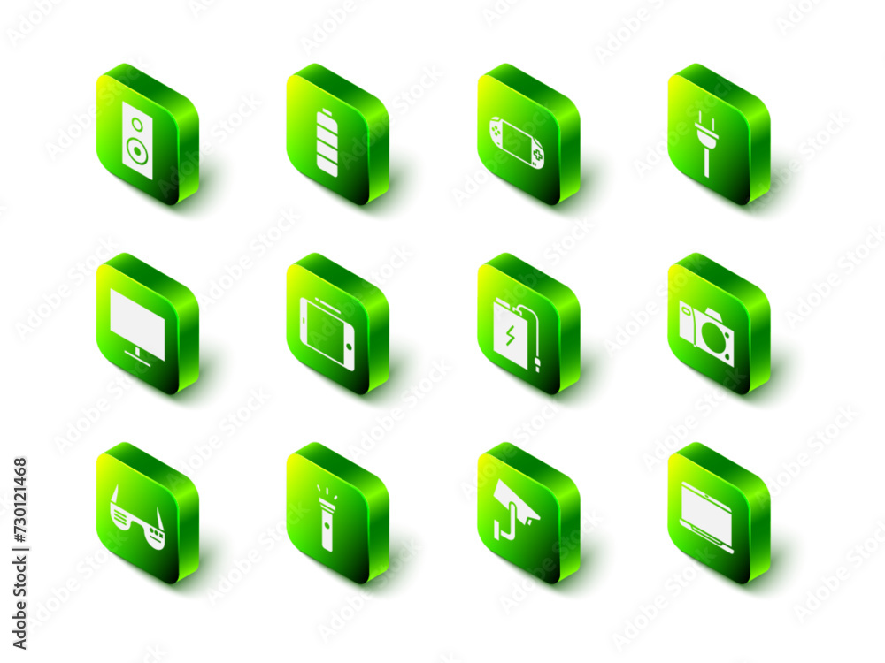 Set Battery charge level indicator, Portable video game console, Electric plug, Photo camera, Laptop, Power bank with cable, Security and Flashlight icon. Vector Set Battery charge level indicator, Portable video game console, Electric plug, Photo camera, Laptop, Power bank with cable, Security and Flashlight icon. Vector