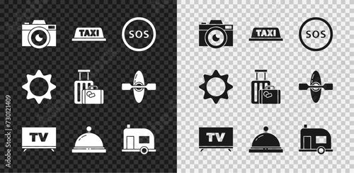 Set Photo camera, Taxi car roof, Location with SOS, Smart Tv, Hotel service bell, Rv Camping trailer, Sun and Suitcase icon. Vector