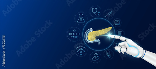 Innovative technology in health care futuristic. Doctor robot cyborg finger touching pancreas with medical icons. Human organ virtual interface. Ads banner empty space for text. Vector.