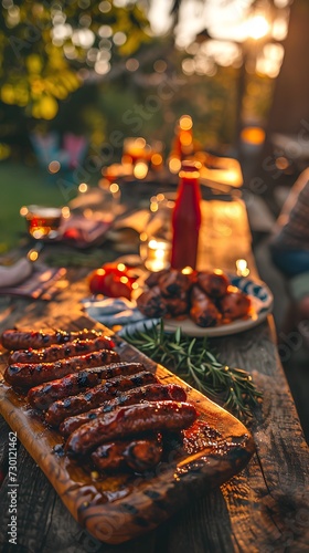 Very delicious looking sausages are on a cooked wooden serving plate on a wooden table