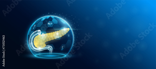 Pancreas human organ inside dome shield protection futuristic and medical icon transparent. Technology innovation health care. Medical science ads website banner with empty space for text. Vector.
