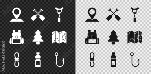 Set Location, Paddle, Sausage the fork, Climber rope, Bottle of water, Fishing hook, Hiking backpack and Forest icon. Vector