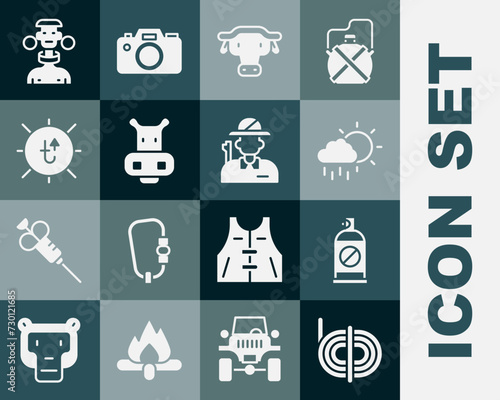 Set Climber rope, Spray against insects, Cloud with rain, African buffalo head, Hippo or Hippopotamus, Sun, tribe male and Hunter icon. Vector