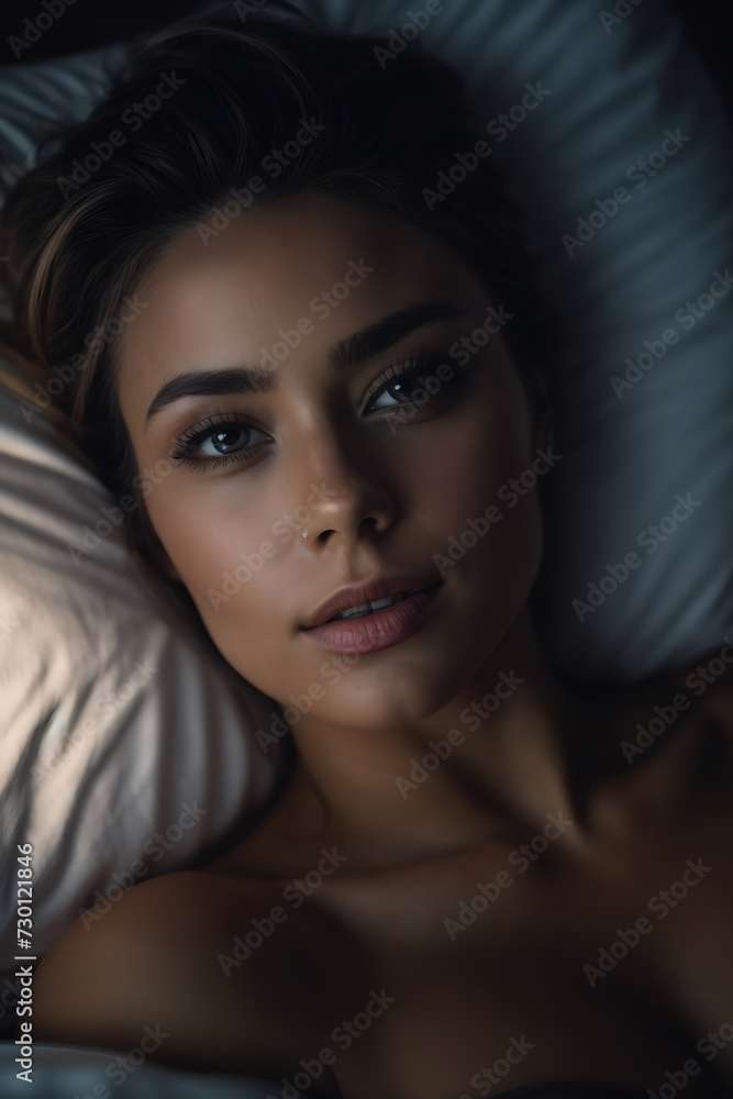 Beautiful Woman Laying in Bed Under a Blanket. Generative AI. Beautiful Woman Laying in Bed Under a Blanket. Generative AI.