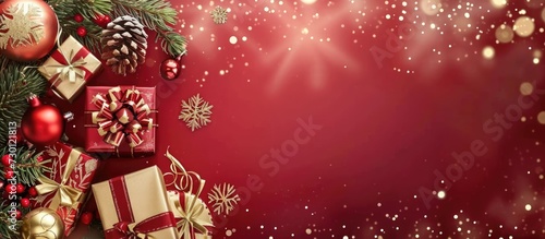 Christmas card template with vintage red and gold decorations, snowflakes, and gift boxes. Xmas banner design.