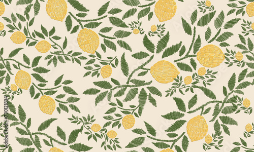 Ikat lemon Meyer tree paisley embroidery. Ikat ethnic oriental seamless pattern is traditional. Aztec-style abstract vector illustration. design for texture, fabric, clothing, wrapping