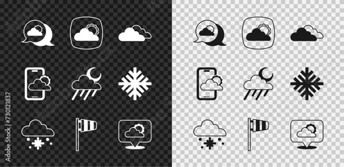 Set Location cloud, Weather forecast, Cloud, with snow, Cone windsock wind vane, and rain and moon icon. Vector