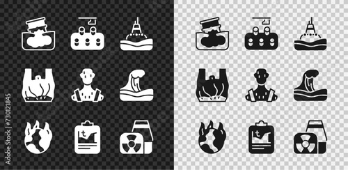Set Barrel oil leak, Deforestation, Floating buoy the sea, Global warming fire, Nuclear power plant, Say no to plastic bags poster and High human body temperature icon. Vector