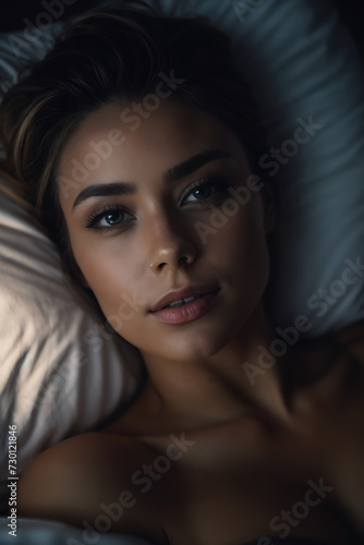 Beautiful Woman Laying in Bed Under a Blanket. Generative AI.