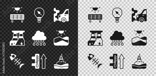 Set Solar energy panel, Light bulb with leaf, Car exhaust, Dead fish, Global warming, Floating buoy on the sea, Nuclear power plant and Cloud rain icon. Vector