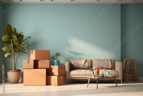 luggage packing concept, Carton boxes stack with household in modern house living room, Carton boxes stack with household © Ammar Anwar 