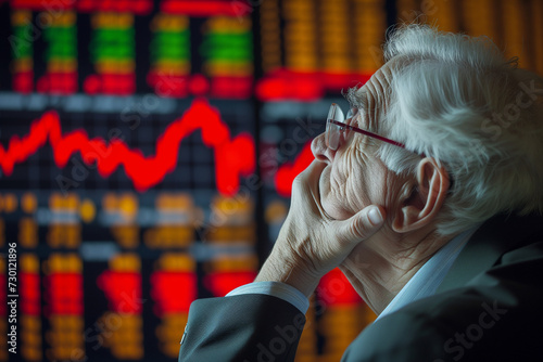 Worried senior watching stocks plummet on screen. Red graph arrows plunge, mirroring his panic. Bearish market crash unfolds on screen beside him. copy space photo