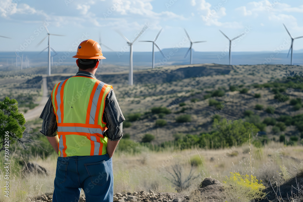 Engineer looking at windmills, landscape with wind turbines Engineer looking at windmills, landscape with wind turbines