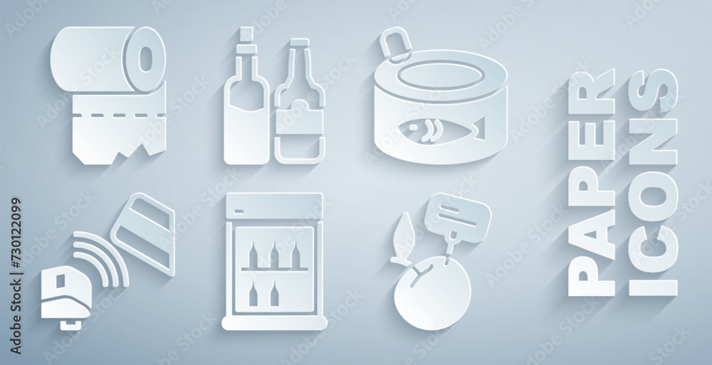 Set Commercial refrigerator, Canned fish, POS terminal with credit card, Supermarket food products price label, Whiskey bottle and Toilet paper roll icon. Vector Set Commercial refrigerator, Canned fish, POS terminal with credit card, Supermarket food products price label, Whiskey bottle and Toilet paper roll icon. Vector