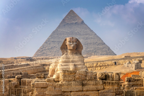 Front view of The Great Sphinx of Giza with the pyramid of Khafre, Cairo, Egypt