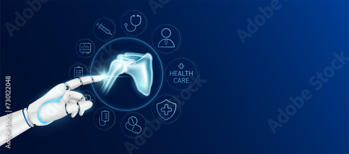 Doctor robot cyborg finger touching shoulder with medical icons. Human organ virtual interface. Innovative technology in health care futuristic. Ads banner empty space for text. Vector.