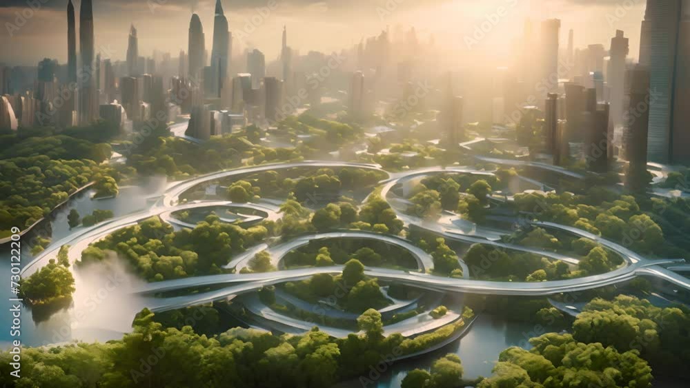A cityscape with towering skyscrapers and lush greenery, featuring ...