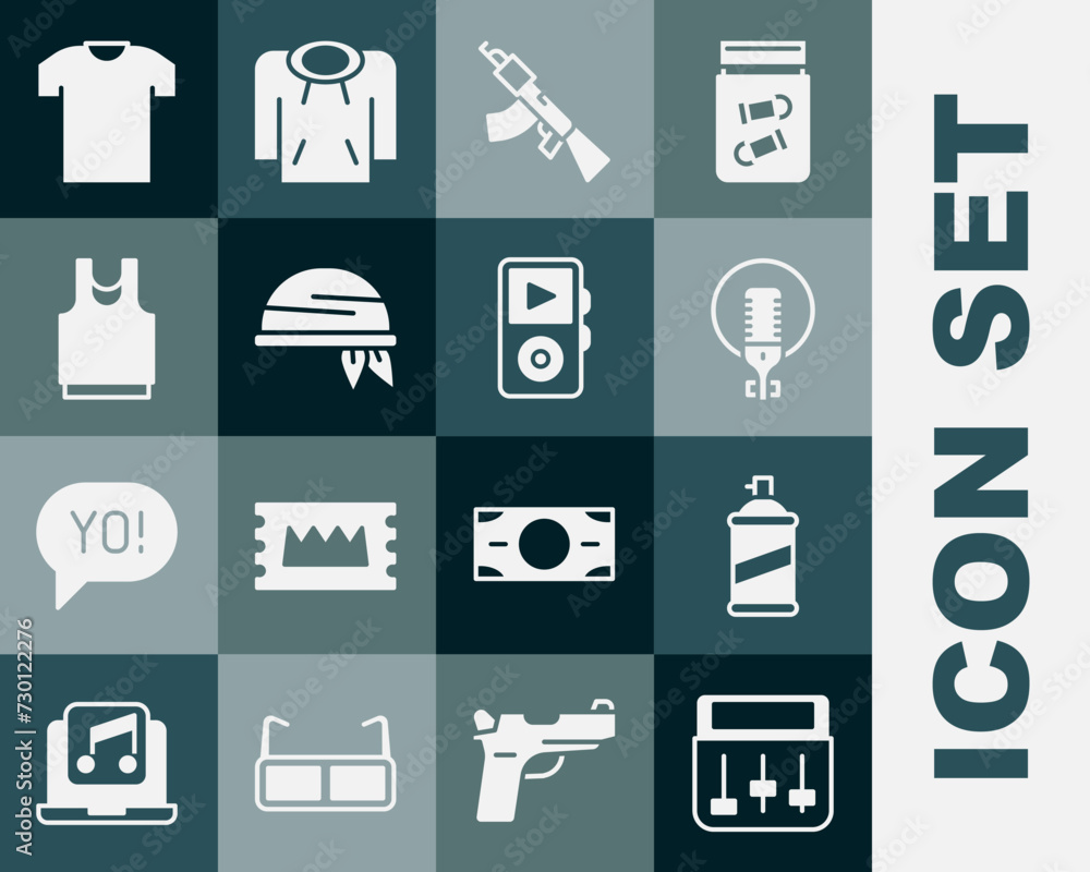 Set Drum machine music, Paint spray can, Microphone, Submachine gun, Bandana, Undershirt, T-shirt and Music player icon. Vector Set Drum machine music, Paint spray can, Microphone, Submachine gun, Bandana, Undershirt, T-shirt and Music player icon. Vector