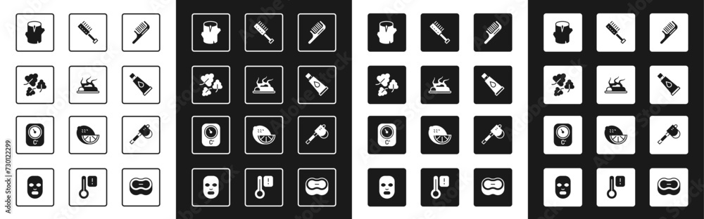 Set Hairbrush, Campfire, Oak leaf, Wooden log, Cream or lotion cosmetic tube, Sauna, axe and thermometer icon. Vector Set Hairbrush, Campfire, Oak leaf, Wooden log, Cream or lotion cosmetic tube, Sauna, axe and thermometer icon. Vector