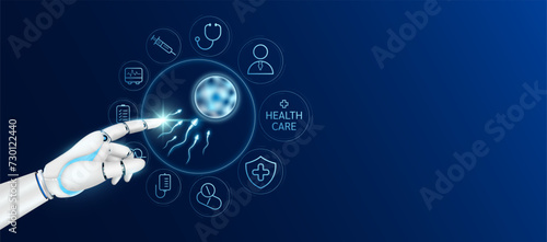 Doctor robot cyborg finger touching sperm with medical icons. Human organ virtual interface. Innovative technology in health care futuristic. Ads banner empty space for text. Vector.