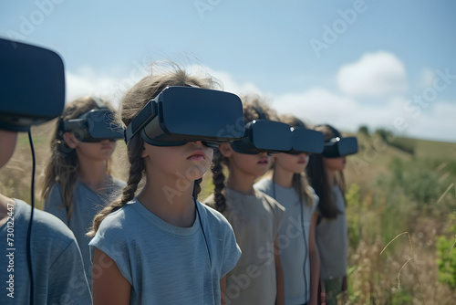 Kids wearing VR virtual reality headset outside, childrens using augmented reality, future technology