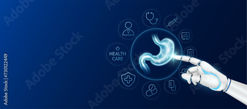 Innovative technology in health care futuristic. Doctor robot cyborg finger touching stomach with medical icons. Human organ virtual interface. Ads banner empty space for text. Vector.