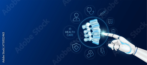 Innovative technology in health care futuristic. Doctor robot cyborg finger touching spine bone with medical icons. Human organ virtual interface. Ads banner empty space for text. Vector.