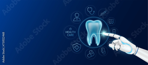Innovative technology in health care futuristic. Doctor robot cyborg finger touching tooth with medical icons. Human organ virtual interface. Ads banner empty space for text. Vector.