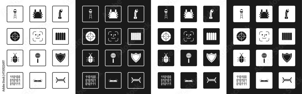 Set Police electric shocker, Face recognition, Target sport, Watch tower, Garden fence wooden, Bulletproof vest, Shield and System bug concept icon. Vector Set Police electric shocker, Face recognition, Target sport, Watch tower, Garden fence wooden, Bulletproof vest, Shield and System bug concept icon. Vector