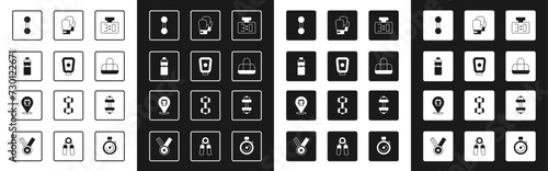 Set Sport mechanical scoreboard, Boxing training paws, Fitness shaker, Dumbbell, bag, glove, and helmet icon. Vector