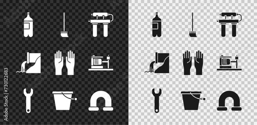 Set Bottle of water, Mop, Water filter, Wrench spanner, Bucket, Industry metallic pipe, Wastewater and Rubber gloves icon. Vector