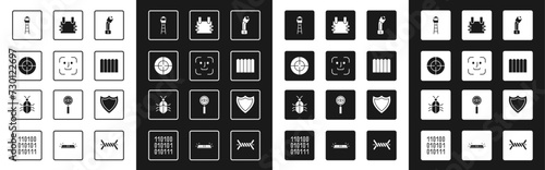 Set Police electric shocker, Face recognition, Target sport, Watch tower, Garden fence wooden, Bulletproof vest, Shield and System bug concept icon. Vector