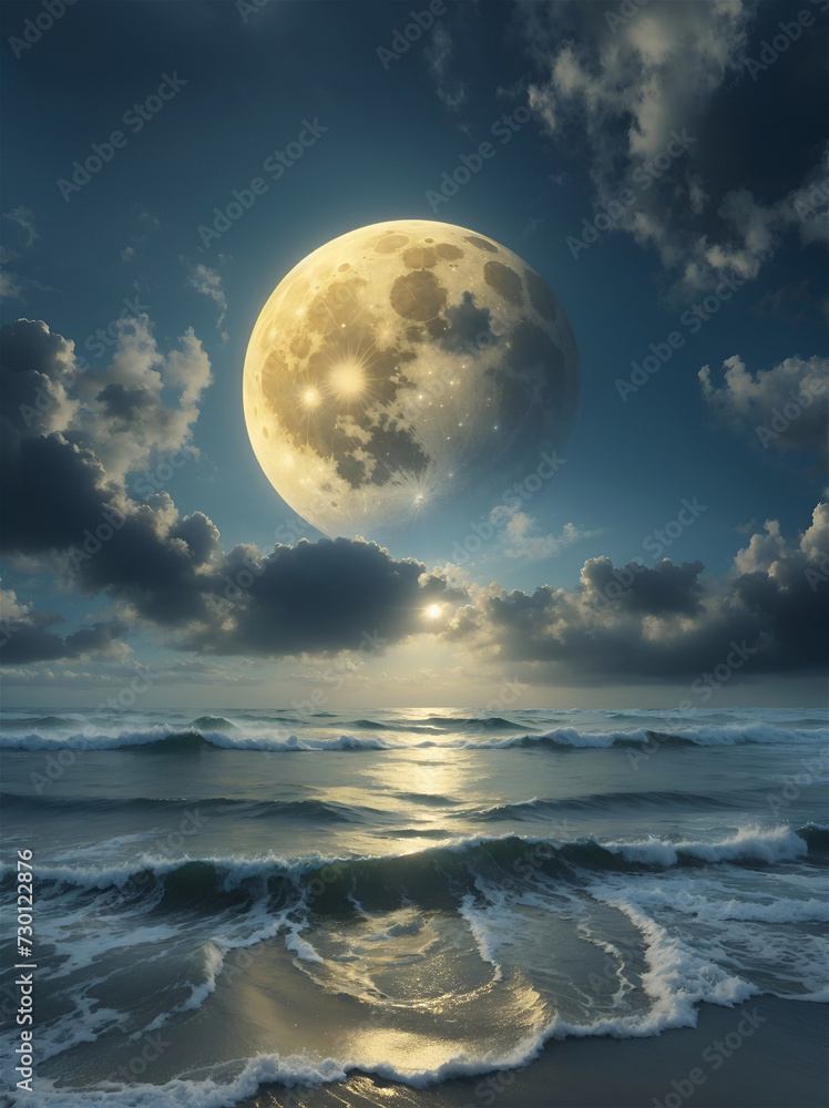 A giant full moon is shining over a body of water with small waves. The sky is filled with clouds and the sun is peeking through.