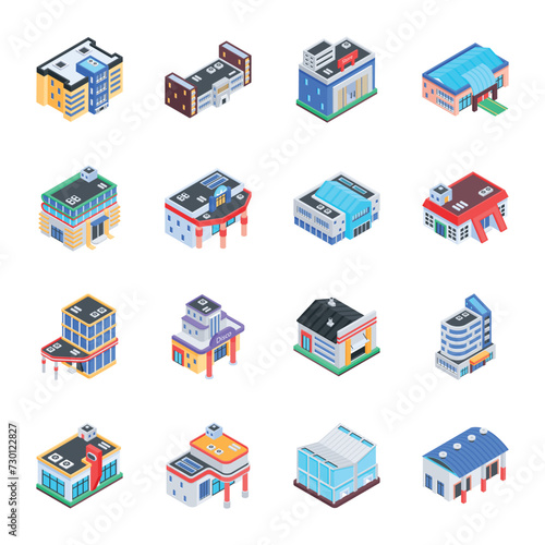 Latest Pack of Urban Architectures Isometric Icons 
