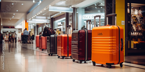 luggage inside a shopping mall in the style of dark orange and amber, View of suitcases in different colors and sizes