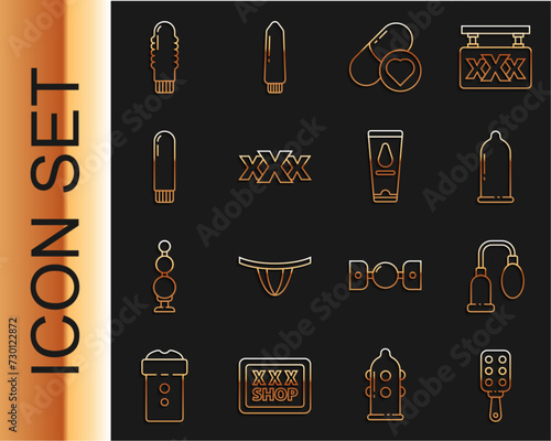 Set line Spanking paddle, Penis pump, Condom, Pills for potency, aphrodisiac, Sex shop, Dildo vibrator, and Personal lubricant icon. Vector