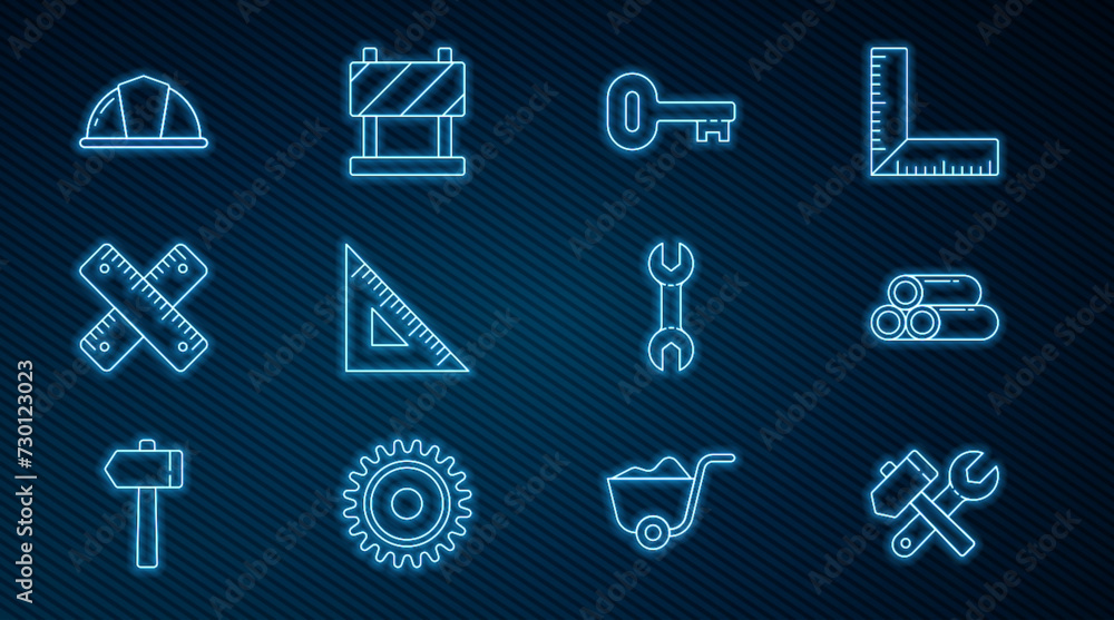 Set line Hammer and wrench spanner, Industry metallic pipe, Old key, Triangular ruler, Crossed, Worker safety helmet, Wrench and Road barrier icon. Vector