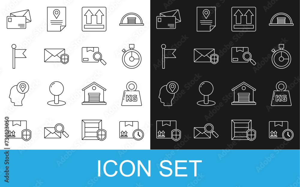 Set line Cardboard box and fast time, Weight, Fast delivery, This side up, Envelope with shield, Location marker, and Search package icon. Vector Set line Cardboard box and fast time, Weight, Fast delivery, This side up, Envelope with shield, Location marker, and Search package icon. Vector