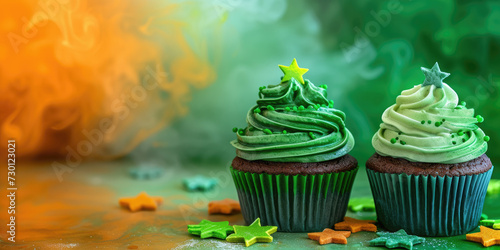 green cupcakes on blur background. St. Patrick s Day celebration 
